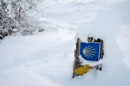 Mojón del Camino de Santiago Francés sepultado bajo la nieve en el alto navarro de Ibañeta