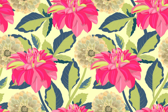 Art floral vector seamless pattern. Light yellow, pink flowers with neon green branches, leaves isolated on light background. For home textiles, fabric, wallpaper, accessories, digital paper.