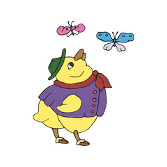 Dressed Easter chick in a hat, jacket and shoes looks at bright butterflies. Hand drawn vector. Illustration isolated on white background.