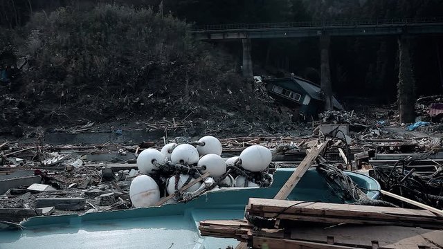 Fukushima, Japan - 03/11/2011 : destroyed city landscape and ruins of houses after the tsunami