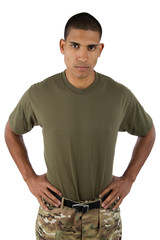 Army Soldier with camouflage blouse off, ready to PT or work!