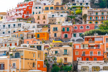 Beautiful colorful houses on a mountain in Positano, a town on Amalfi coast