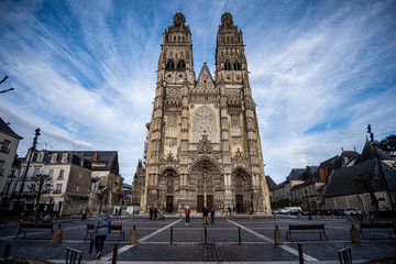 Tours, France - 02/20/20 :Tours's cathedral. Cathedral Saint Gatien. Front of the cathedral, colourful picture. Wide angle picture. Evening picture.