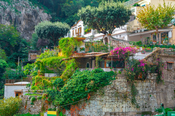 Beautiful colorful houses on a mountain in Positano, a town on Amalfi coast