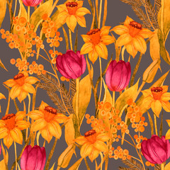 Watercolor seamless pattern with spring flowers: tulips, daffodils, lilac, mimosa. Decorative floral pattern. Colorful nature background. Can be used for wedding invitations or any kind of a design.