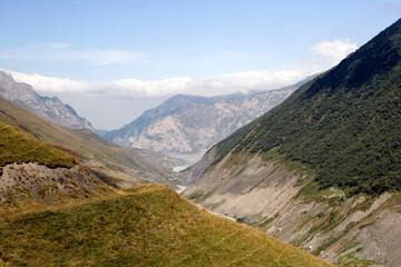 View of the Karmadon gorge with traces and remnants of the descended glacier