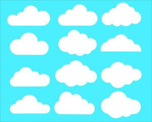 Clouds vector set. Different cloud shapes in blue and white flat background.