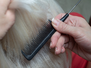 the hairdresser does a close up hair styling. styling blonde hair