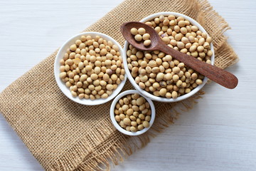Raw soybeans (Glycine max) displayed in containers