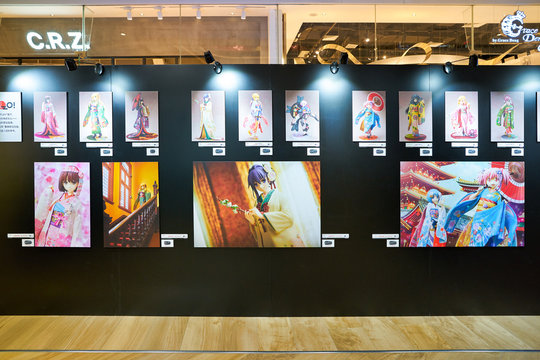 SHENZHEN, CHINA - APRIL 21, 2019: anime posters on display at Sony Expo 2019 in UpperHills shopping mall.