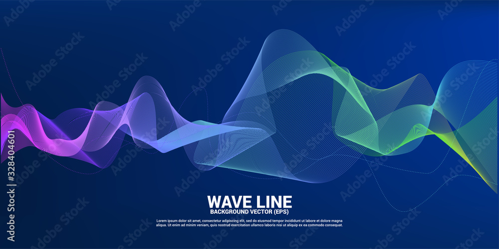 Poster purple green Sound wave line curve on dark background. Element for theme technology futuristic vector