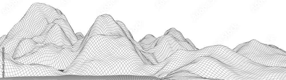 Poster vector wireframe 3d landscape. technology grid illustration. network of connected dots and lines. fu