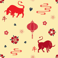 Chinese new year 2021 seamless pattern. Chinese translation bull