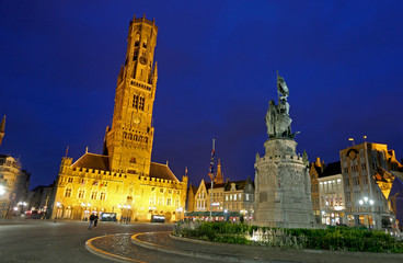 The medieval bell tower Belfry of Bruges (Belfort van Brugge) in Market Square, part of the UNESCO World Heritage Site of the historic center of Bruges, Belgium.
