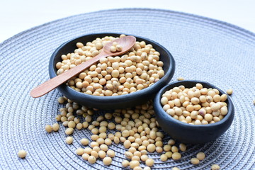 Raw soybeans (Glycine max) displayed in containers