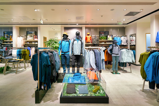 SHENZHEN, CHINA - CIRCA APRIL, 2019: interior shot of Arc'teryx retail store at a shopping mall in Shenzhen. Arc'teryx is a Canadian outdoor high-end clothing and sporting goods company.