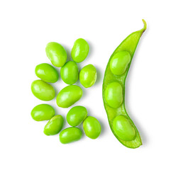 Green soy beans on white background top view.