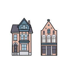 Two houses in a set, European architecture, cartoon style