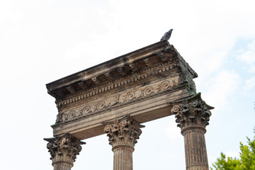 Closed Up to a Three ancient pillars into a Cementerio Central in downton bogota, with a pidgeon over the pillars.