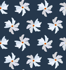 Fototapeta na wymiar Nyctanthes arbor-tristis/ or known as Night-flowering Jasmine/ parijat/ shiuli/ coral jasmine. Hand drawn seamless pattern on dark blue background for textile/fabric/surface print/ for wallpaper