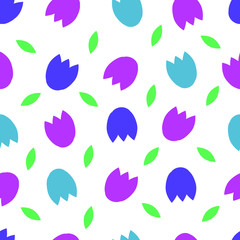 Obraz na płótnie Canvas Colored tulip buds and leaves seamless pattern on a white background.