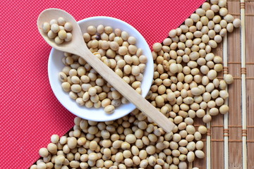 Raw soybeans (Glycine max) displayed in containers