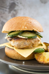 Cuban Pork Burger with Cheese and Fresh Pickles