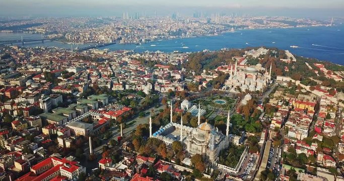 Sultan Ahmet square with drone, aerial video from istanbul, sunny day at beatuiful sultan ahmet square 4k video with drone, blue mosque, hagia sophia, topkapi palace, bosporus