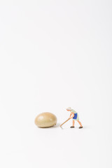 Man planting beans on white background