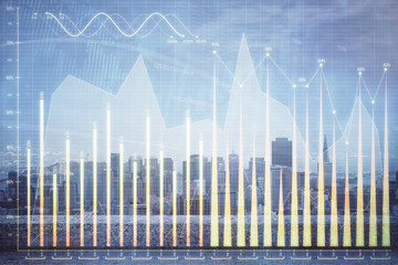 Forex graph on city view with skyscrapers background multi exposure. Financial analysis concept.