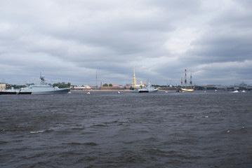 Navy warship on the Neva in St. Petersburg, Russia