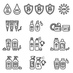 Sunscreen bottle set. vector illustration of plastic container, cream packaging for sun screen lotion, skin cancer protection, spray spf icon. Thin Line Style stock vector.