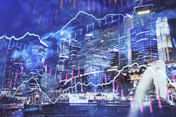 Financial chart on city scape with tall buildings background multi exposure. Analysis concept.