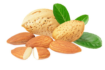 almonds with green leaves isolated on white background