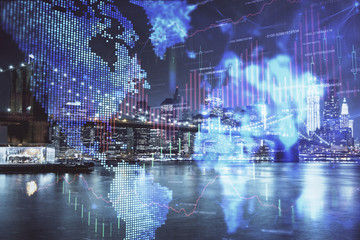 Financial chart on city scape with tall buildings background multi exposure. Analysis concept.