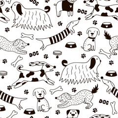 Funny doodle dogs seamless pattern.