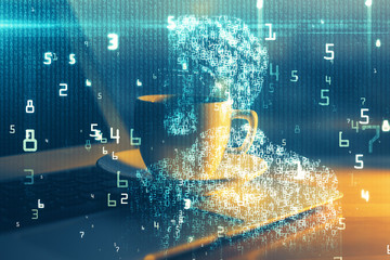 Double exposure of desktop computer and technology theme hologram. Concept of software development.
