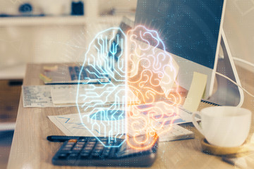 Obraz premium Multi exposure of work space with computer and human brain hologram. Brainstorm concept.