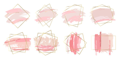 Set of abstract pastel pink brush strokes and spots with gold geometric frames