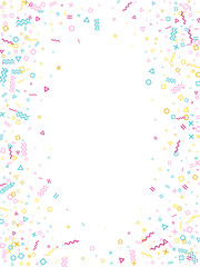 Memphis style geometric confetti vector background with triangle, circle, square shapes, zigzag and wavy line ribbons. 