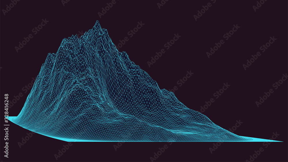 Poster 3d wireframe mountain. futuristic landscape background. isolated triangle mesh. technology or future
