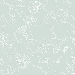 Seamless pattern of dinosaurs. Hand drawn vector illustration. Print design for children’s t-shirts, fabrics, sweatshirts. Dino-lettering.  Tyrannosaurus, volcano,  Print wallpaper in  nursery