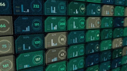 Abstract digital display with colorful rows of small cells or microchips with different numbers and moving scales on black background, seamless loop. Animation. Computers and information concept. - Powered by Adobe