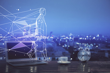 Desktop computer background in office and start up theme hologram drawing. Double exposure. Startup concept.