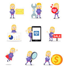 Set character of woman gives some purple candy on the street.