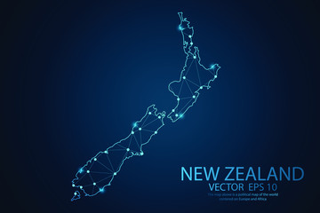 Abstract mash line and point scales on dark background with map of New zealand. Wire frame 3D mesh polygonal network line, design sphere, dot and structure. Vector illustration eps 10.