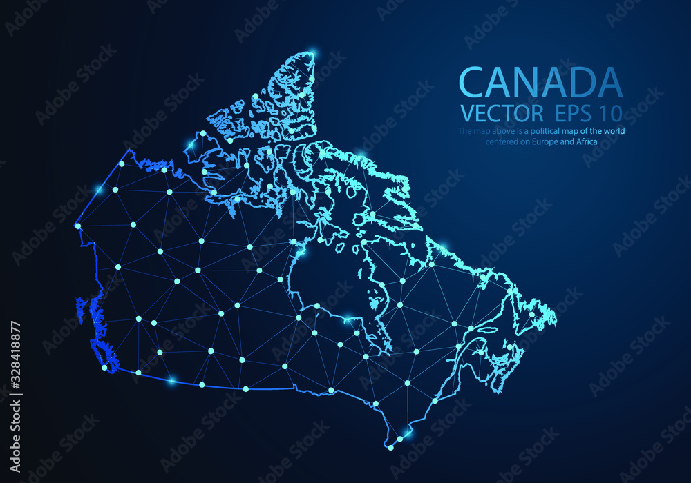 Wall mural abstract mash line and point scales on dark background with map of canada. wire frame 3d mesh polygo