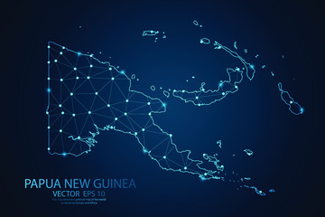 Abstract mash line and point scales on dark background with map of Papua new guinea. Wire frame 3D mesh polygonal network line, design sphere, dot and structure. Vector illustration eps 10.