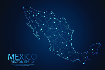 Abstract mash line and point scales On dark background with map of Mexico. Wire frame 3D mesh polygonal network line, design sphere, dot and structure. Vector illustration eps 10.