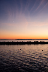 Fototapeta premium Vertical fall sunset with birds on breakwater. White Rock, Canada